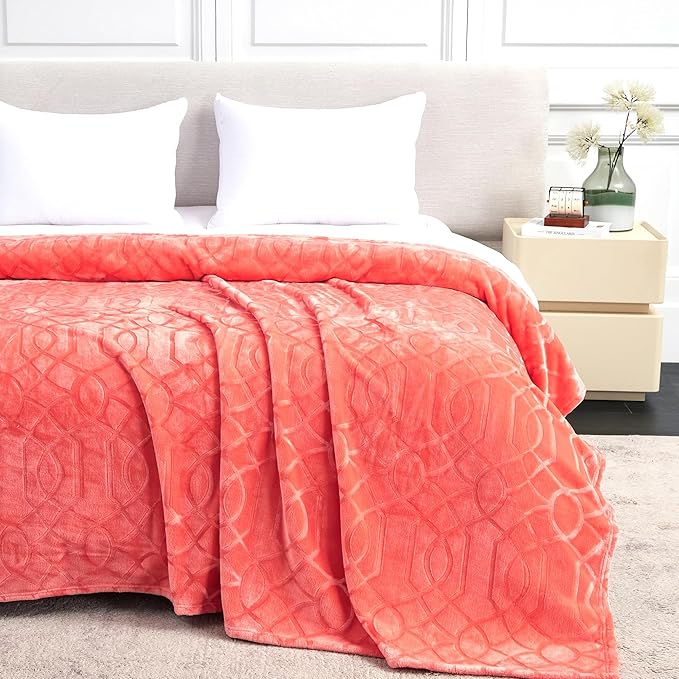 Soft Cozy Fleece Twin Blanket, 60x80 Inches – Lightweight Plush Blanket for Couch, Fuzzy 3D Jacquard Design, for Sofa, Bed & Travel - Coral