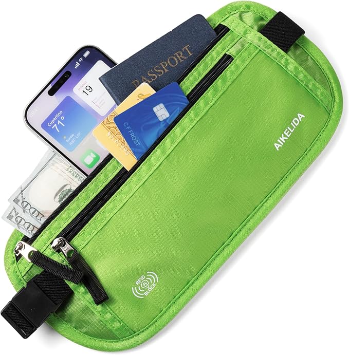 RFID Blocking Money Belt - Passport Holder & Travel Wallet, Slim Hidden Fanny Packs for Women Men - Green