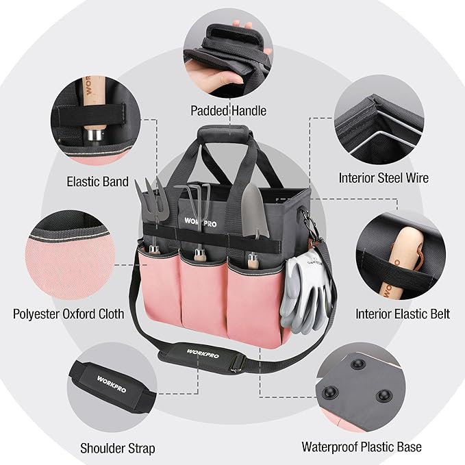 WORKPRO Garden Tool Bag, Heavy Duty Gardening Tote Bag Organizer with 10 Pockets and Long Adjustable Shoulder Strap, Standable Garden Home Tool Kits Organizer, Pink - Pink Ribbon