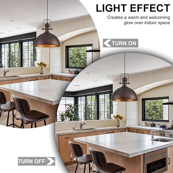 12 Inch ORB Farmhouse Pendant Lights for Kitchen Island 3 Pack | ETL Certificate, Easy to Install,Adjustable Height Cord,Vintage Industrial Dome Hanging Light Fixtures