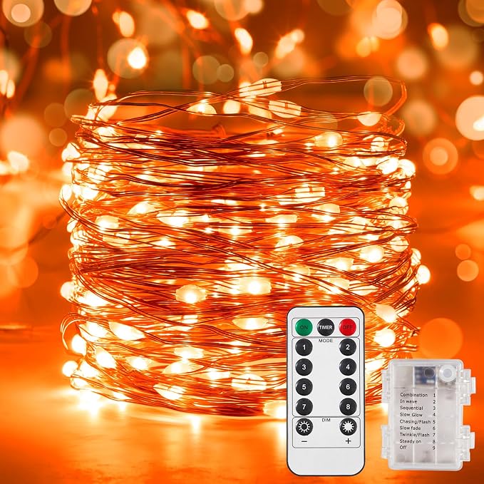 Ariceleo 4 Pack 65.6 Ft. Battery Operated Outdoor String Lights with Remote & Timer, LED Orange Fairy Lights, Waterproof Twinkle Lights for Bedroom, Dorm, Mason Jar, Wedding, Party, Christmas