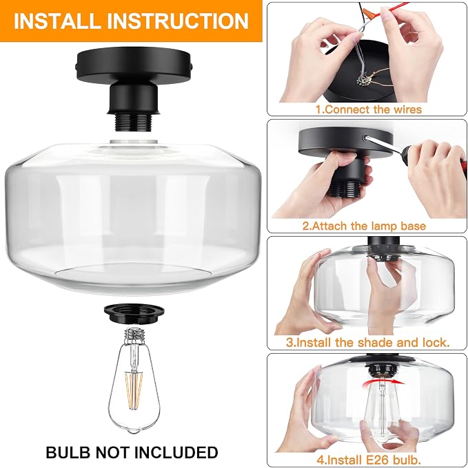 MAXvolador Industrial Semi Flush Mount Ceiling Light Large, Clear Glass Pendant Lamp Shade, Lighting for Hallway, Vintage Hanging Light Fixtures