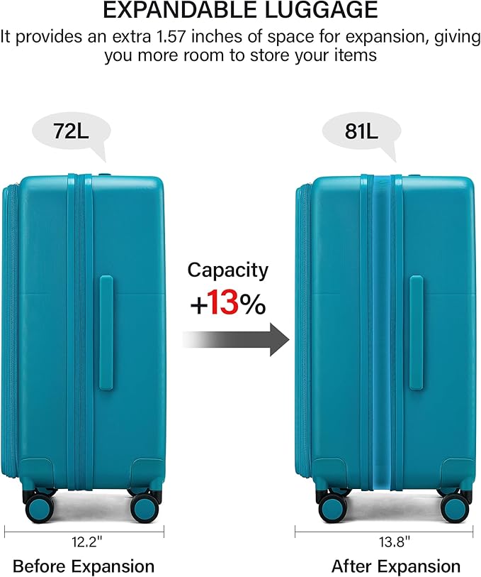 Hanke 24 Inch Expandable Checked Luggage with Cup Holder and Charger Port,Top Opening Hard Shell Suitcases with Wheels, Medium Travel Rolling Suitcase Trunk Luggage with Lock, Caribbean Blue