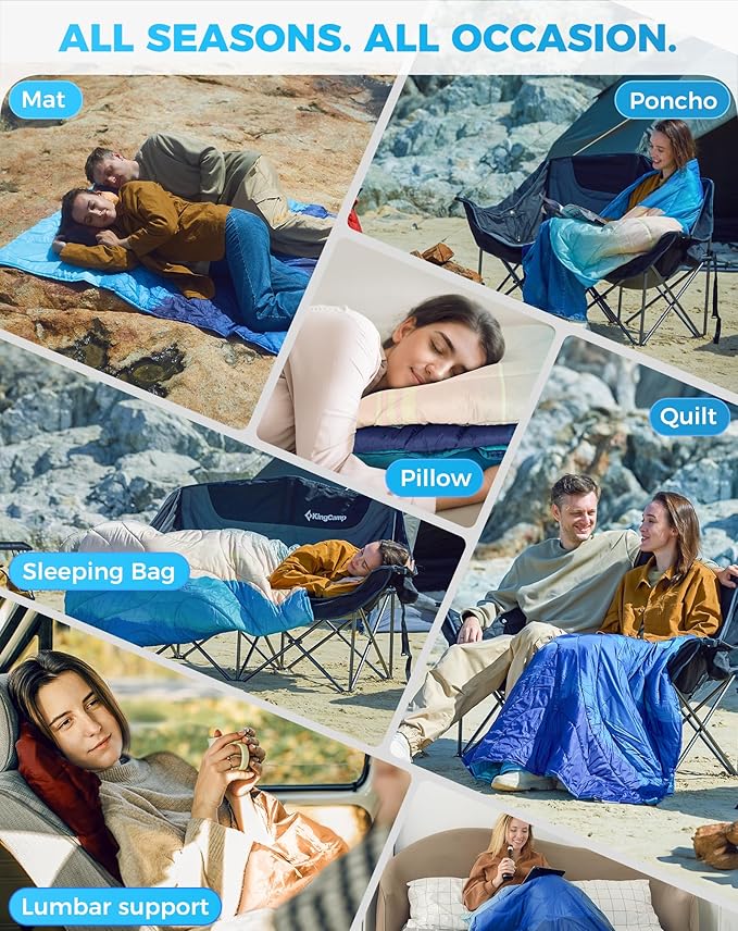 ingCamp Ultralight Camping Blanket, Packable Down Alternative Puffy Printed Wearable Blanket with Snap Buttons & Corner Loops Weatherproof Quilt for Outdoor Travel Stadium (78.7" x 57.1", Cyan/Orange)