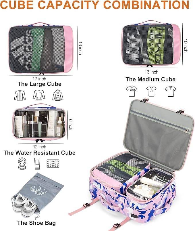 Lumesner Carry on Travel Backpacks, Extra Large 40L Flight Approved for Men & Women,Expandable Suitcase backpack (Camouflage Pink(Backpack With 4 Packing Cubes))