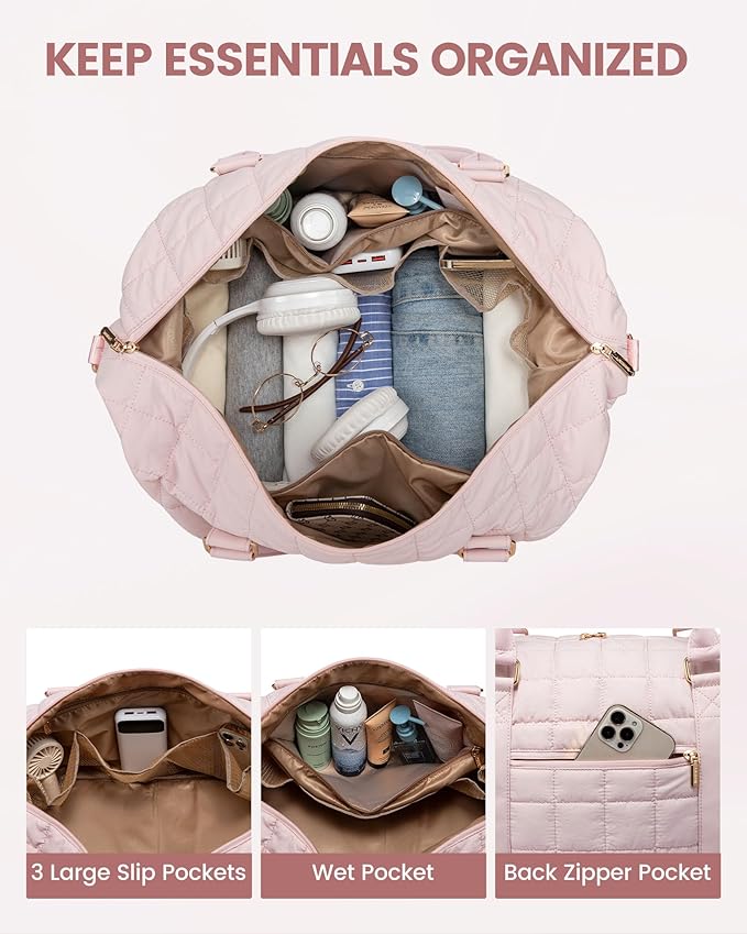 LOVEVOOK Large Duffle Bag for Travel, Puffer Weekend Bags for Women Travel Tote, Carry on Duffel Bag for Airplanes, 18 Inch Personal Item Bag Gym Bag Women, Pink