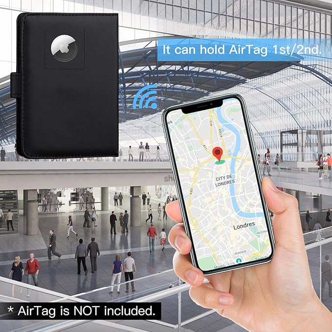 GOAUS Passport Holder for Travel with AirTag Slot Cards Cash Pocket, Faux Leather Travle Wallet Gifts for Women Men RFID Blocking Book Case Black, AirTag Not Included