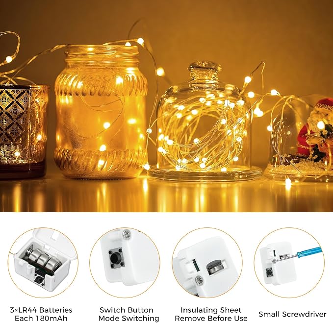 btfarm 12 Pack Fairy Lights Battery Operated Twinkle Lights with 3 Modes | 7Ft 20 Led String Light, Waterproof Bulk Small Mini Silver Wire for Christmas Mason Jars Wedding Table Centerpiece,Warm White