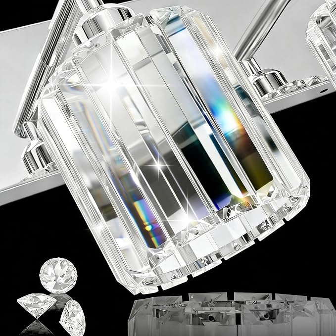 Brushed Chrome Crystal Bathroom Vanity Light, 5-Light Modern Bathroom Lighting Fixtures Over Mirror,Chrome Wall Sconce Light Fixtures with Round Shade