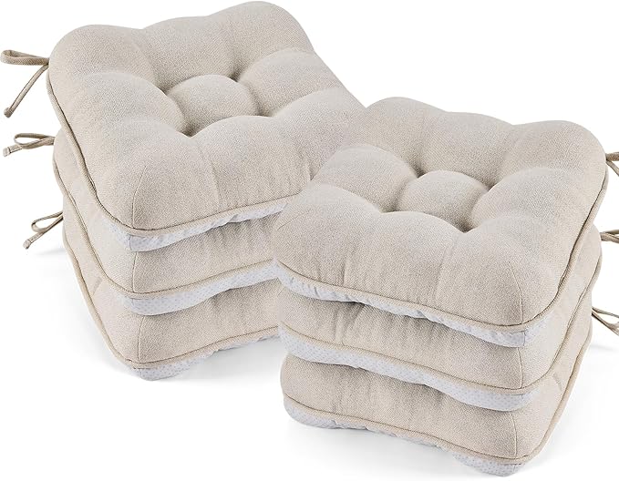 BETU Chair Cushions for Dining Chairs Set of 6,3.5" Thick Kitchen Table Chair Pads with Ties,Non Slip Backing and Covers, Seat Cushion for Dining Room,Bar,Patio Chairs,16"X16"X3.5",Beige