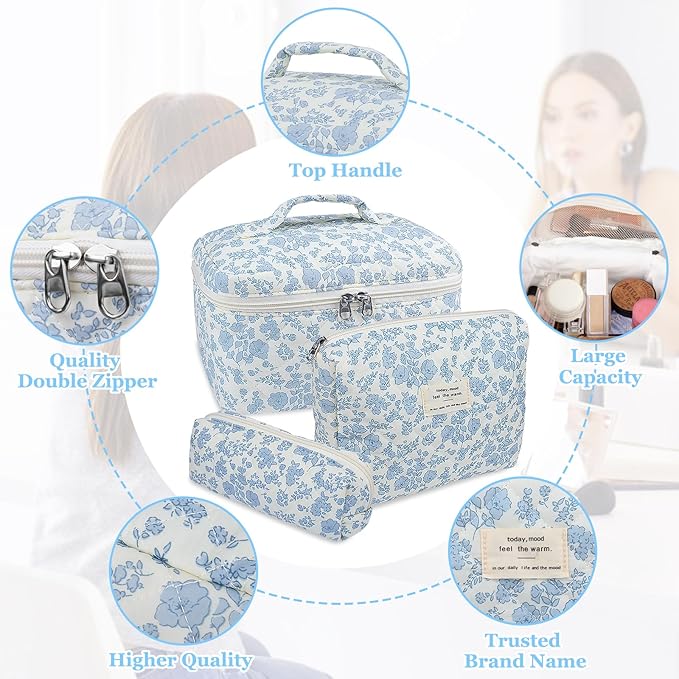 3pc Makeup Bag Set, Quilted Makeup Bag Set, Large Floral Cosmetic Bag for Women, Cute Cotton Makeup Bags, Flower Travel Toiletry Organizer Bag (Checkered)