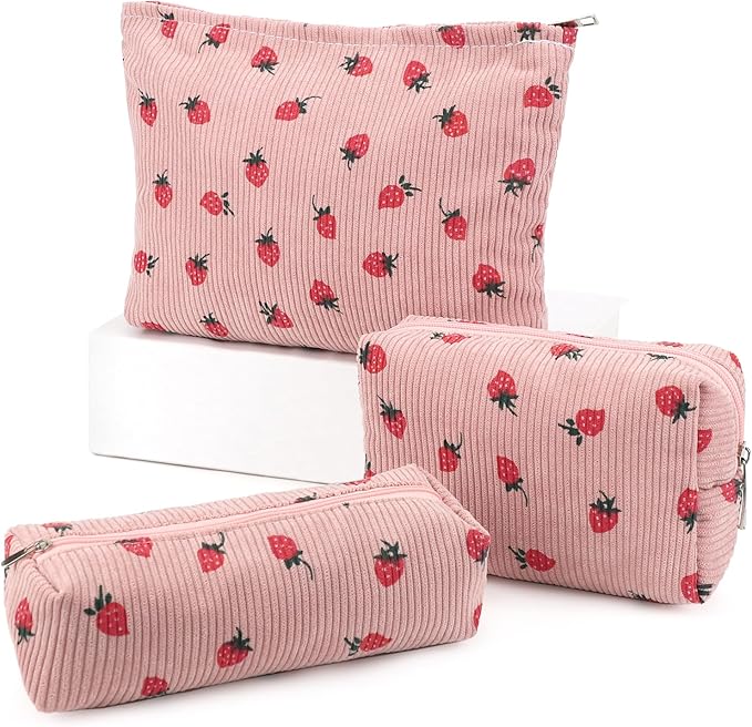 EIMMBD Makeup Bag 3 Pieces Large Capacity Cosmetic Bags Travel Toiletry Bag Organizer Cute Makeup Pouch Storage for Women(Pink Strawberry)