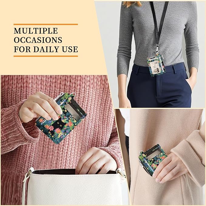 Hancynir Slim Wallet Women Credit Card Holder Flower Black Cat Green RFID Small Mini Card Case Front Pocket PU Leather Thin Travel Zipper Coin Cash ID Window Girls Wallet Gifts