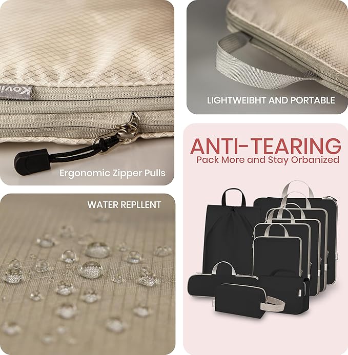 Compression Packing Cubes for Travel, Set of 10 Expandable Luggage Organizers with Shoe Bag, Lightweight Water-Resistant Suitcase Essentials for Carry-on & Checked Luggage, Black