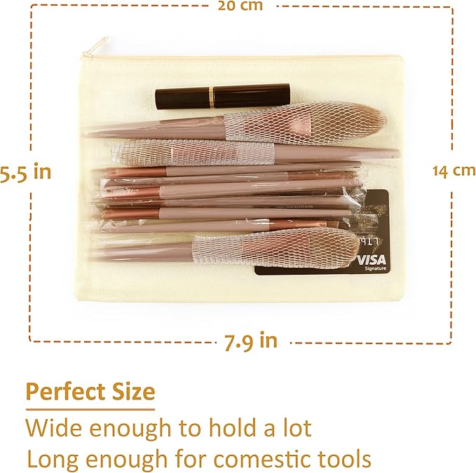 Koolmox Makeup Bags Bulk 20 Pcs, Beige Canvas Pouch with Zipper of 10 Colors, Blank Cotton Bags to Embroidery, Tie Dye, Decorate for Christmas Gifts, Travel Bags, Marker Pen Pencil Case, Purses