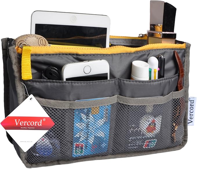 Vercord Purse Organizer Insert for Handbags Bag Organizers Inside Tote Pocketbook Women Nurse Nylon 13 Pockets Grey Small