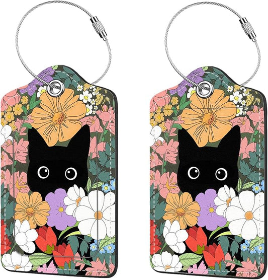 2 Pcs Luggage Tags for Suitcases, PU Leather Cruise Ship Luggage Tags with Privacy Cover Label Address Card and Durable Metal Ring Suitable for Men Women Handbags Backpacks,Flower Bushes and Cats