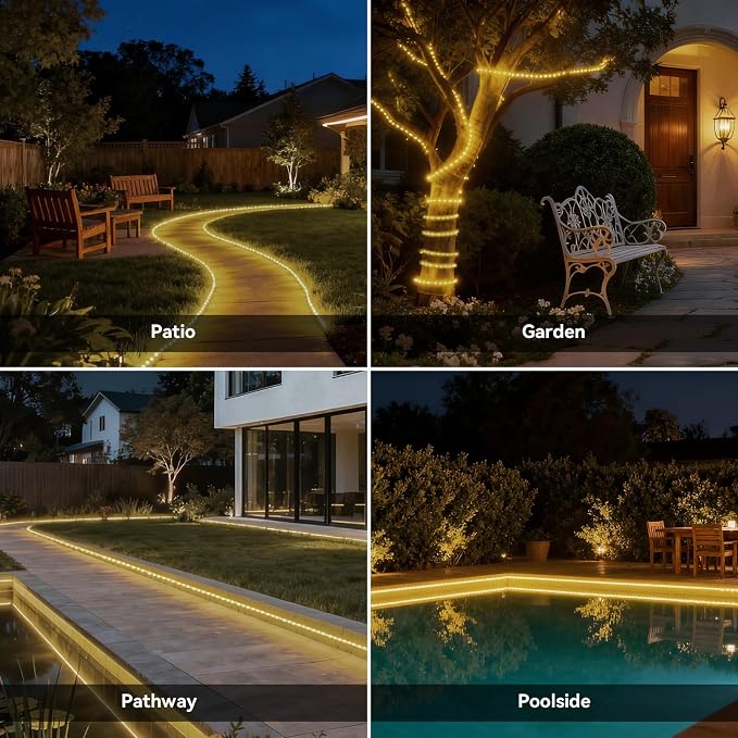 Solar Rope Lights Outdoor Waterproof 32.8 FT 3000K for Garden, Stair, Step | 4000mAh Battery 600 LEDs 3000K Warm White Solar Powered Dusk to Dawn IP65 Bright Thick with 4 Modes Landscape Lighting