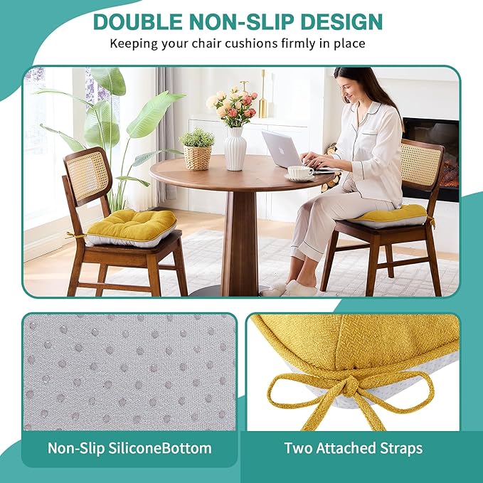BETU Chair Cushions for Dining Chairs Set of 6,3.5" Thick Kitchen Table Chair Pads with Ties,Non Slip Backing and Covers, Seat Cushion for Dining Room,Bar,Patio Chairs,16"X16"X3.5",Yellow
