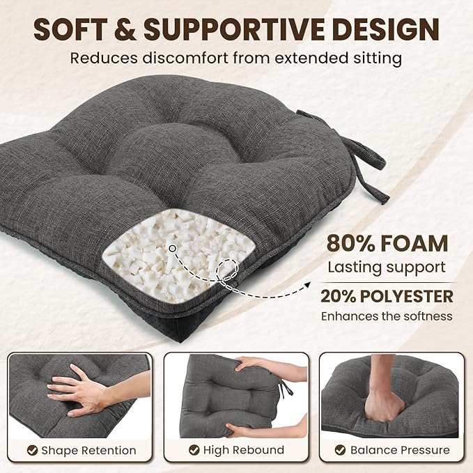downluxe Indoor Chair Cushions for Dining Chairs, Tufted Overstuffed Textured Kitchen Chair Pads with Ties and Non-Slip Backing, 15.5" x 15.5" x 4", Dark Grey, 6 Pack