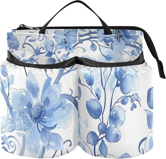 Watercolor Flower Blue and White Luggage Cup Holder Travel Portable Free Hand Drink Carrier Suitcase Drinks Beverage Holder Carry-On Bottle Mug Holder Organizer Bag Travelers Accessories