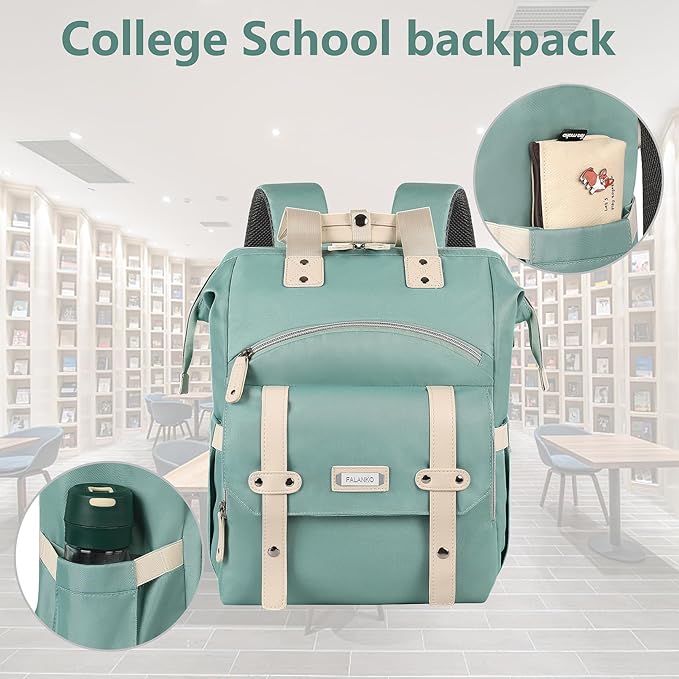 FALANKO Laptop Backpack for Women, Doctor Teacher Nurse Work Bookbag for 17.3 Inch Laptop, Large Travel Wide Open College Shoulder Purse Bag With RFID Anti Theft Green