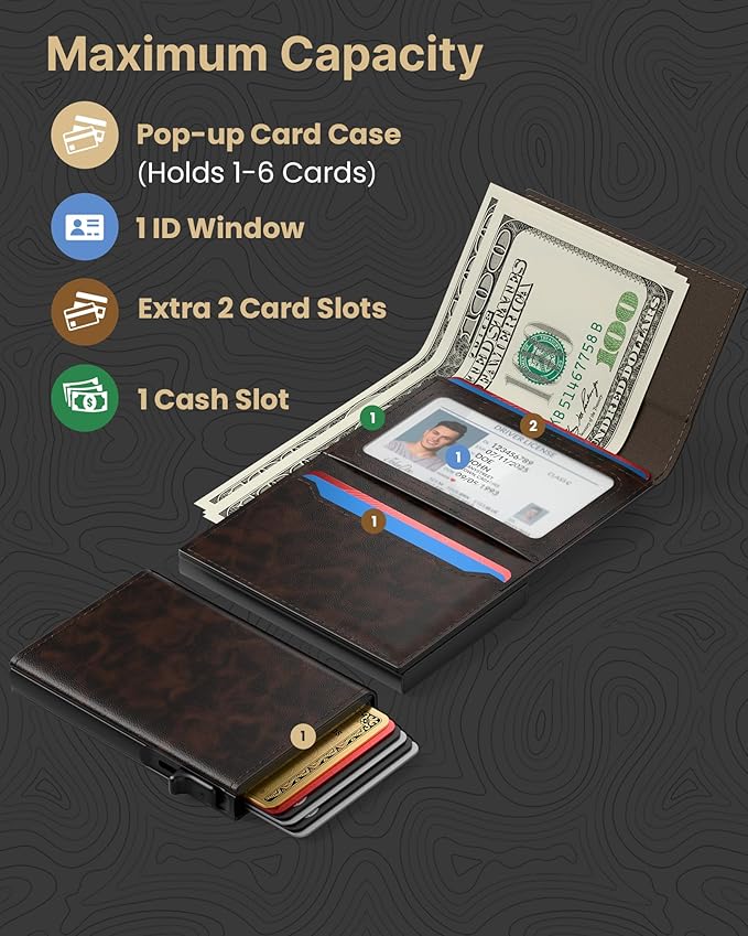 typecase Mens Wallet Card Holder: Pop Up Aluminum Case, Genuine Leather, Smart, RFID Blocking, Slim, Minimalist, Front Pocket - 9-14 Card Capacity | ID Window | Cash Slot (Antique Brown)