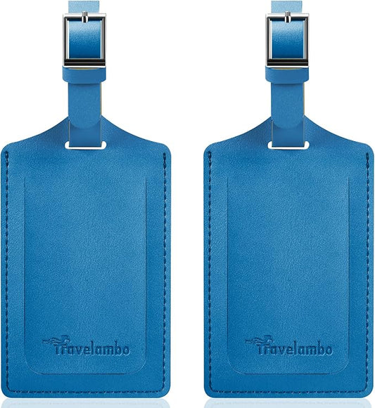 Travelambo Luggage Tags for Suitcases Faux Leather Privacy Protection 2 Pack Bag Tags Travel Accessories Essential, Steel Blue
