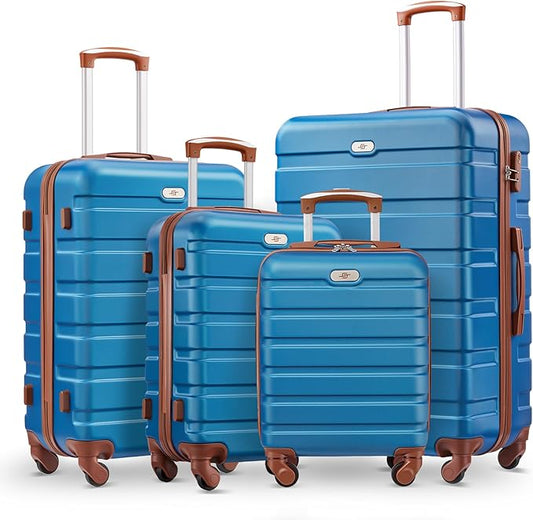 Suitour 4 Piece Luggage Sets, Hard Shell Suitcase Set with Spinner Wheels 16 20 24 28inch Travel Sets(Blue Brown)