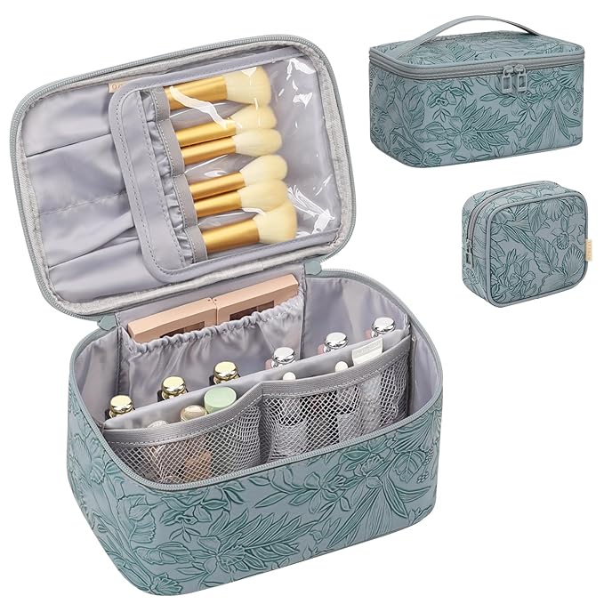 OCHEAL Makeup Bag Set, Portable Travel Makeup Bags Cosmetic Organizer Bag for Women Cute Floral Cosmetic Pouch Large Capacity Make up Bag PU Leather Toiletry Bags with Divider and Handle-Blue