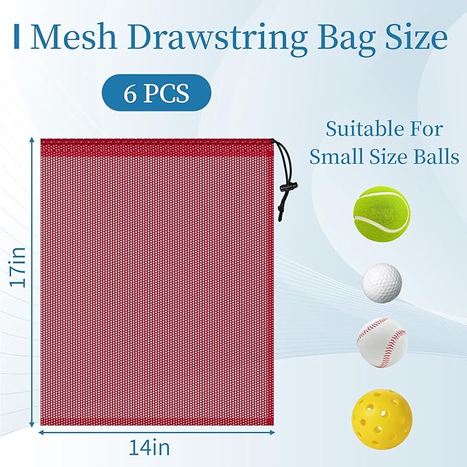 6 Pcs Mesh Bags Drawstring, 14x17 Inch with Lock, Multipurpose Storage Bags for Gym, Balls, Beach, Laundry(Red)