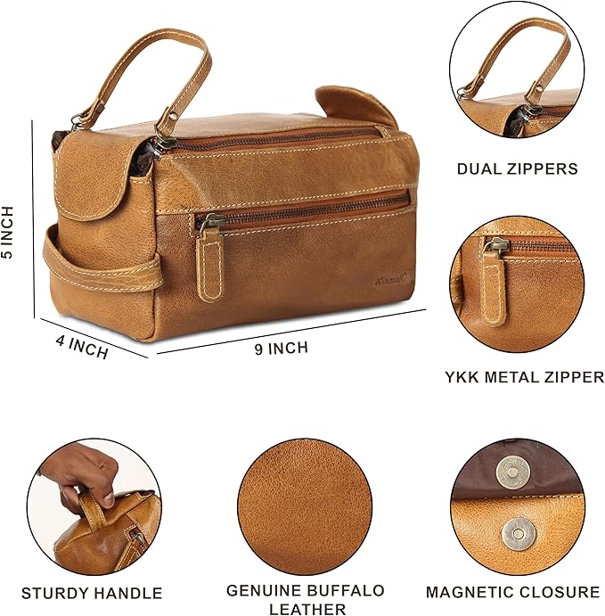 KomalC Premium Buffalo Leather Toiletry Bag for Men & Women With Water resistant Lining, Grooming Travel Pouch, Unisex Wash Bag for Toiletries, Gifts for Men and Women