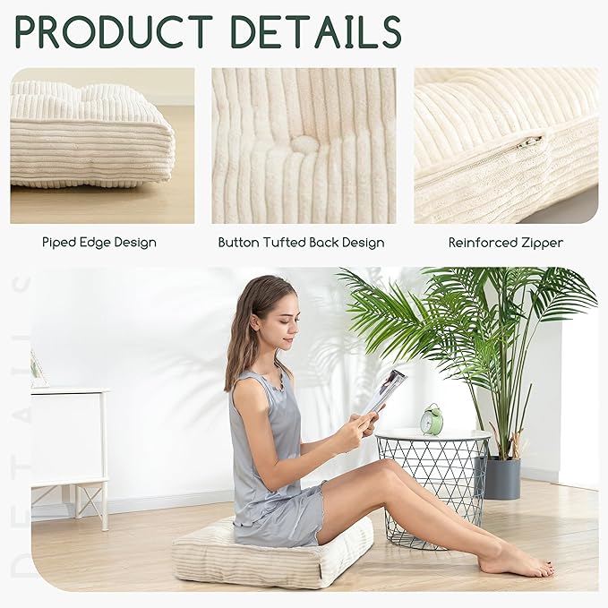 HIGOGOGO Tufted Corduroy Recliner Seat Cushion for Elderly, High Density Foam Large Square Seat Cushion for Recliner Chair, Floor Pillow, Office Chair, Car, No Pressure on Thighs, 20x20x4
