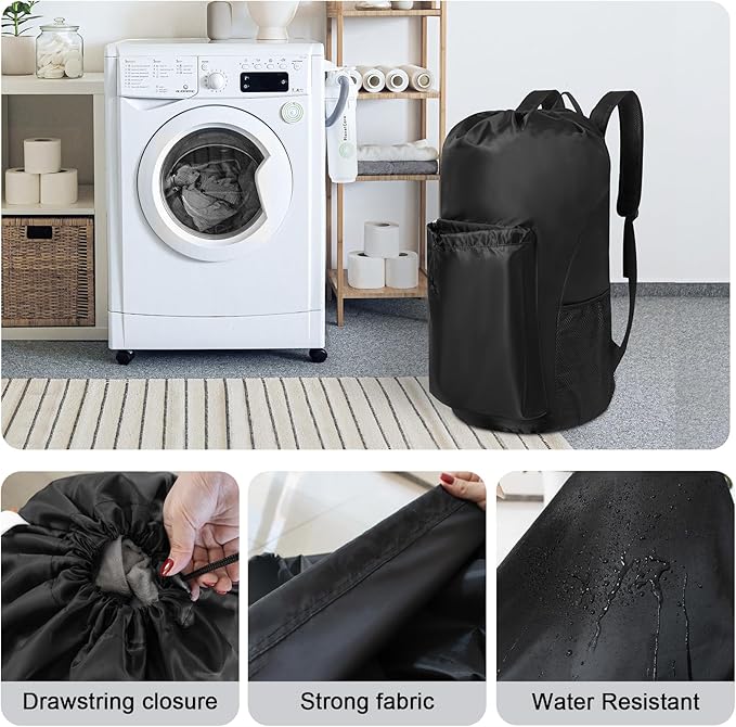 Polecasa Extra Heavy Duty Large Backpack Laundry Bag with Comfortable Padded Shoulder Straps & 4 Pockets, Drawstring bag for Dorm, College, Travel, Black