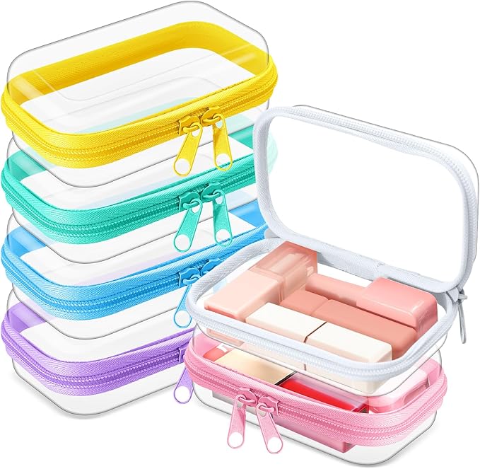 Sanwuta 6 Pcs Clear Hard Zipper Case Plastic Zipper Pouches Transparent Makeup Bag Pencil Case Pouches Toiletry Diaper Bag for Travel Toy Storage Organizer Bins(Colorful,5 x 3 x 2 Inch)