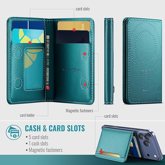 Vinich for MagSafe Wallet Magnetic RFID Blocking Card Holder Compatible with MagSafe Phones and Cases, Strong Magnet Minimalist Phone Wallet for iPhone 17/16/15/14/13/12/Pro/Max/Plus, Bluish Green