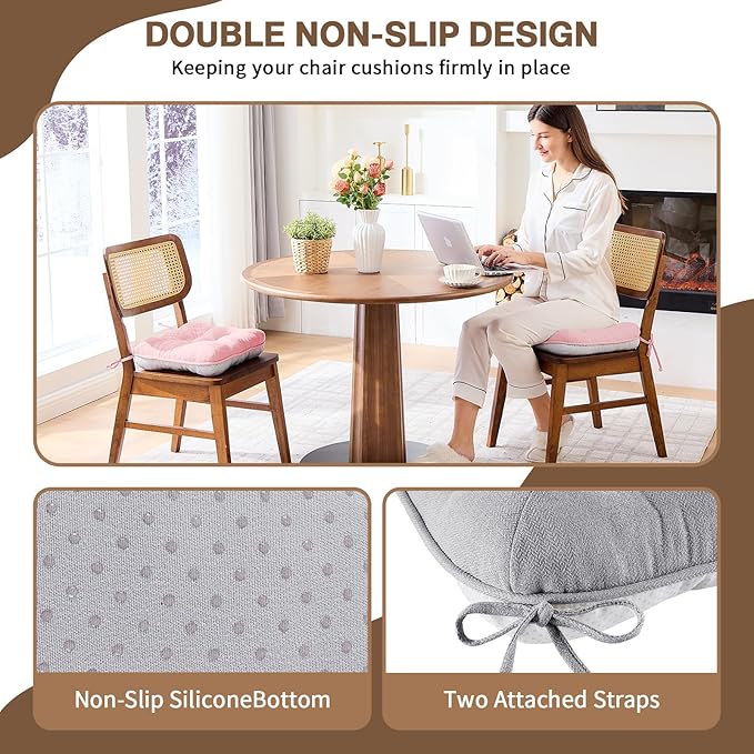 BETU Chair Cushions for Dining Chairs Set of 4,3.5" Thick Kitchen Table Chair Pads with Ties,Non Slip Backing and Covers, Seat Cushion for Dining Room,Bar,Patio Chairs,16"X16"X3.5",Light Grey