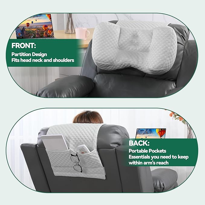 MABOZOO Neck Pillows for Recliners with Pocket,Headrest Cushion for Neck Pain Relief and Cervical Support,Recliner Head Pillow for Side Sleeping at Home, Office or Traveling (Grey & White)