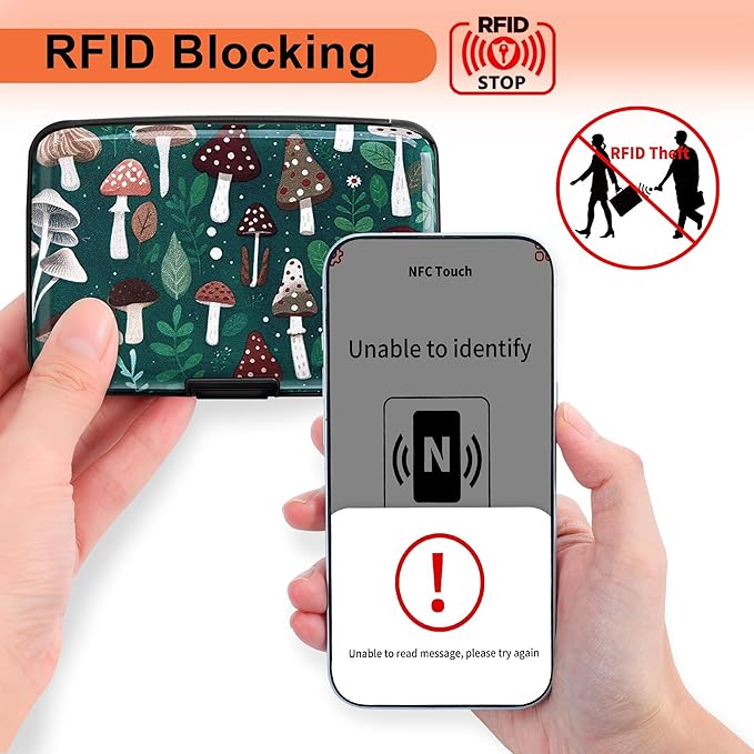 Mayski Credit Card Holder, RFID Blocking, Aluminum Alloy Hard Case, Small Mini Business Metal Wallet for Women Men, Mushroom