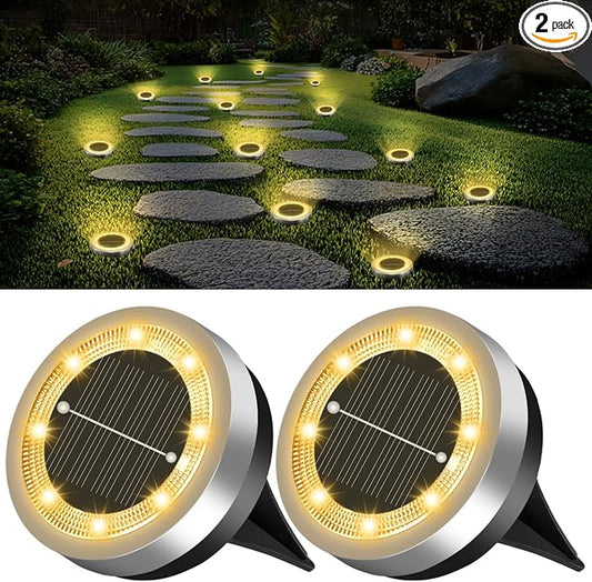 SenLuKit Mini Solar Ground Lights 2 Pack Outdoor IP65 Waterproof Solar Flat Garden Light Solor Powered Disc Pathway Lights for Outside Walkway Yard Landscape Patio Lawn Driveway-Warm White