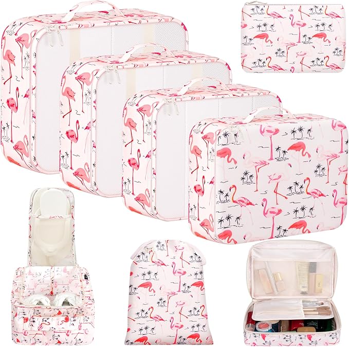 BAGAIL 8 Set Packing Cubes Luggage Packing Organizers for Travel Accessories-Pink Flamingo