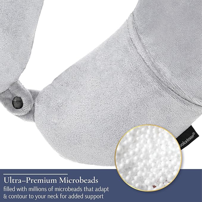 Brookstone Microbead Travel Head and Neck Pillow Lightweight and Plush with Phone or Headphone Pocket, Grey