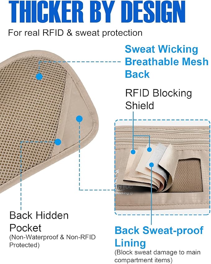 Hidden Money Belt for Travel, RFID Blocking, Sweat-Proof, Heavy-Duty Buckle, 3rd Gen Waist Wallet Anti Theft to Protect Cash, Credit Cards and Documents Under-Clothes for Men & Women, Beige