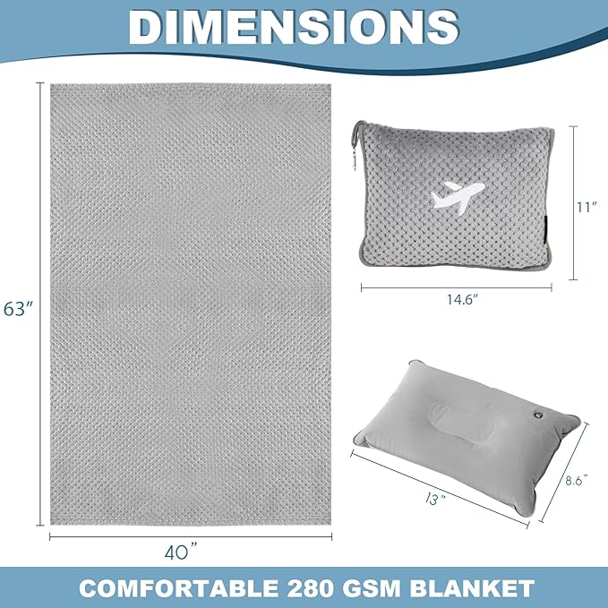 Travel Blanket Airplane Compact with Bag, Travel Essentials 3 in 1 Packable Airplane Blanket, Travel Pillow and Blanket Set, Inflatable Pillow, Luggage Sleeve & Backpack Clip (Light Grey)