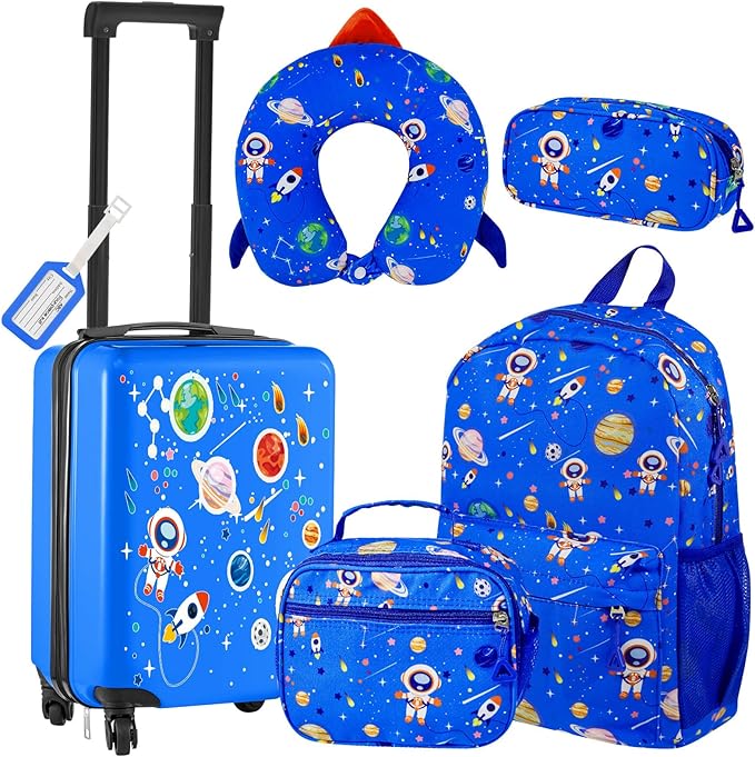 Redbaker Light Blue 6 Pcs Kids Luggage Set 17 Inch Kids Rolling Luggage Double Pattern Suitcase for Boys Girls (17 Inch, Astronauts)