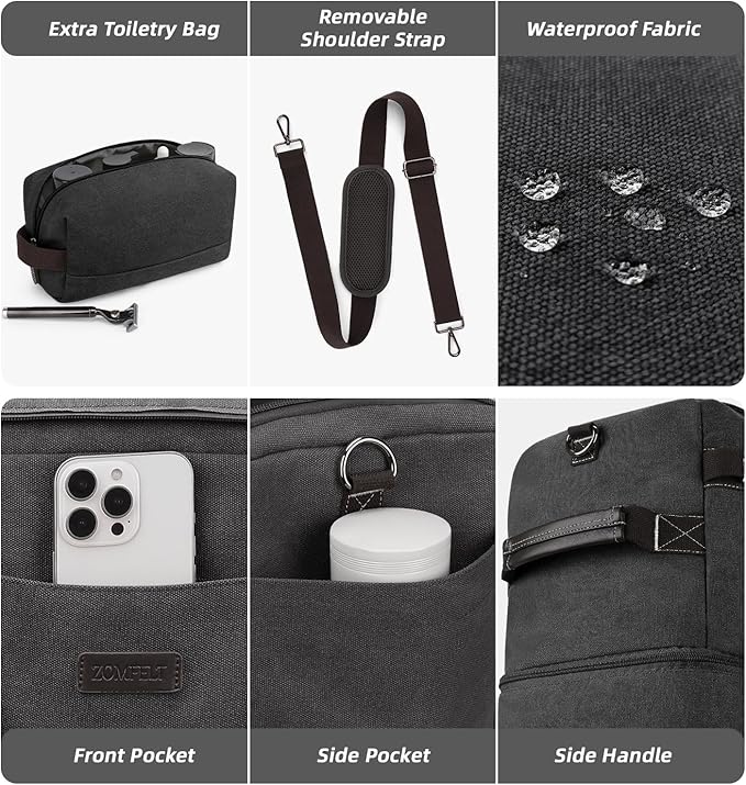 ZOMFELT Travel Duffle Bag for Men, 45L Carry On Luggage 22x14x9 Airline Approved, Waterproof Canvas Overnight Duffel Bag with Removable Dividers, Weekender Gym bag with Shoe Pocket (Washed Black)