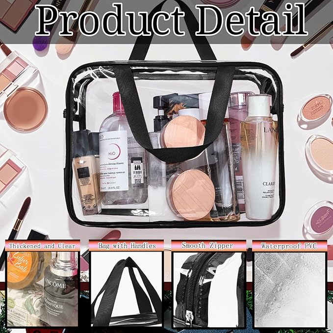 4 Packs Large Clear Comestic Bag, Waterproof Clear Makeup Toiletry Organizer Pouch, Reusable PVC Plastic Storage Bags with Zipper for Travel (4, Black)