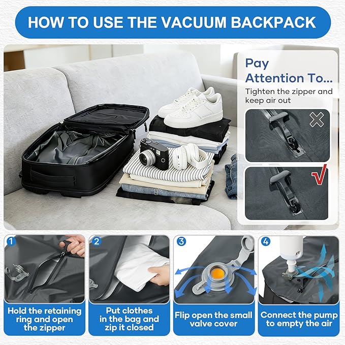 coowoz Vacuum Travel Backpack With Pump For Women Men Airline Approved,Carry On Backpack,Large Hiking Laptop Backpacks Waterproof Outdoor Sports Rucksack Casual Daypack Backpacks XLarge(Vacuum pump)