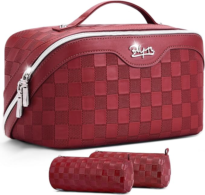 BOYATU Travel Makeup Bag Organizer: 3 Pcs Set Large Capacity Cosmetic Bags Holds 10–20 100ml Full-Size Bottles - 180°Open-Flat Make up Case 3-sec touch-up - Toiletry Bag Gift women (03-A-Red)