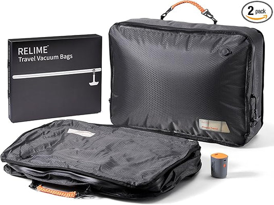 Apex Series Vacuum Bags for Travel Luggage, 180° Open, Reusable Compression Bags for travel Pack, Vacuum Seal Packing Cube for Cloth (2Large+Pump)